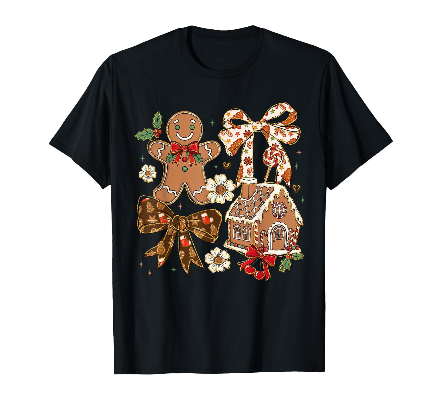 Christmas Gingerbread House Coquette Bow Xmas Girls Women T-Shirt