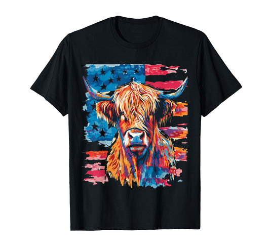 Funny Patriotic Highland Cow USA Flag 4th of July Matching T-Shirt
