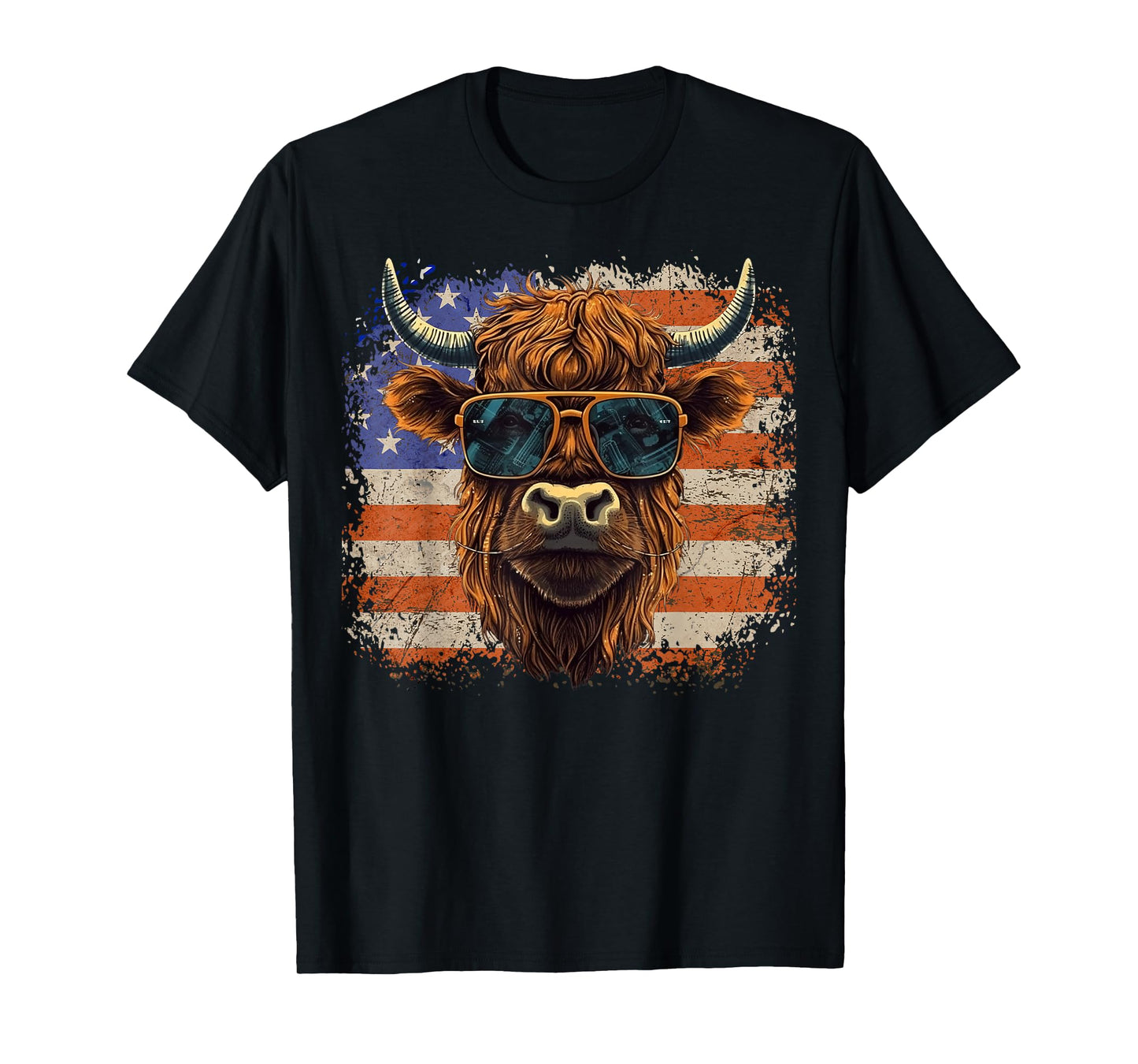 American Flag, Highland Cow-Fourth of July, Cow Lover Cool T-Shirt
