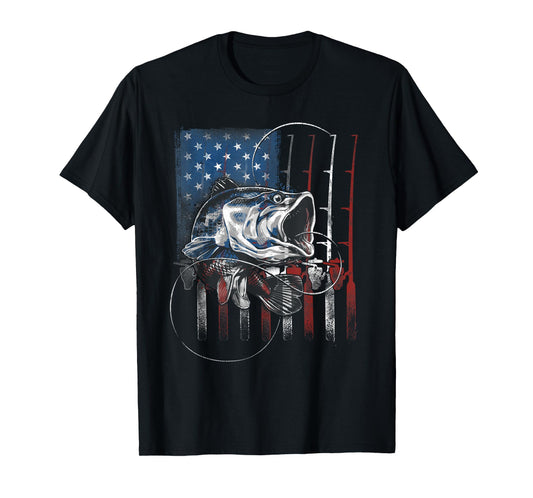 Fishing American Flag Vintage USA Bass Fisherman Gift T-Shirt