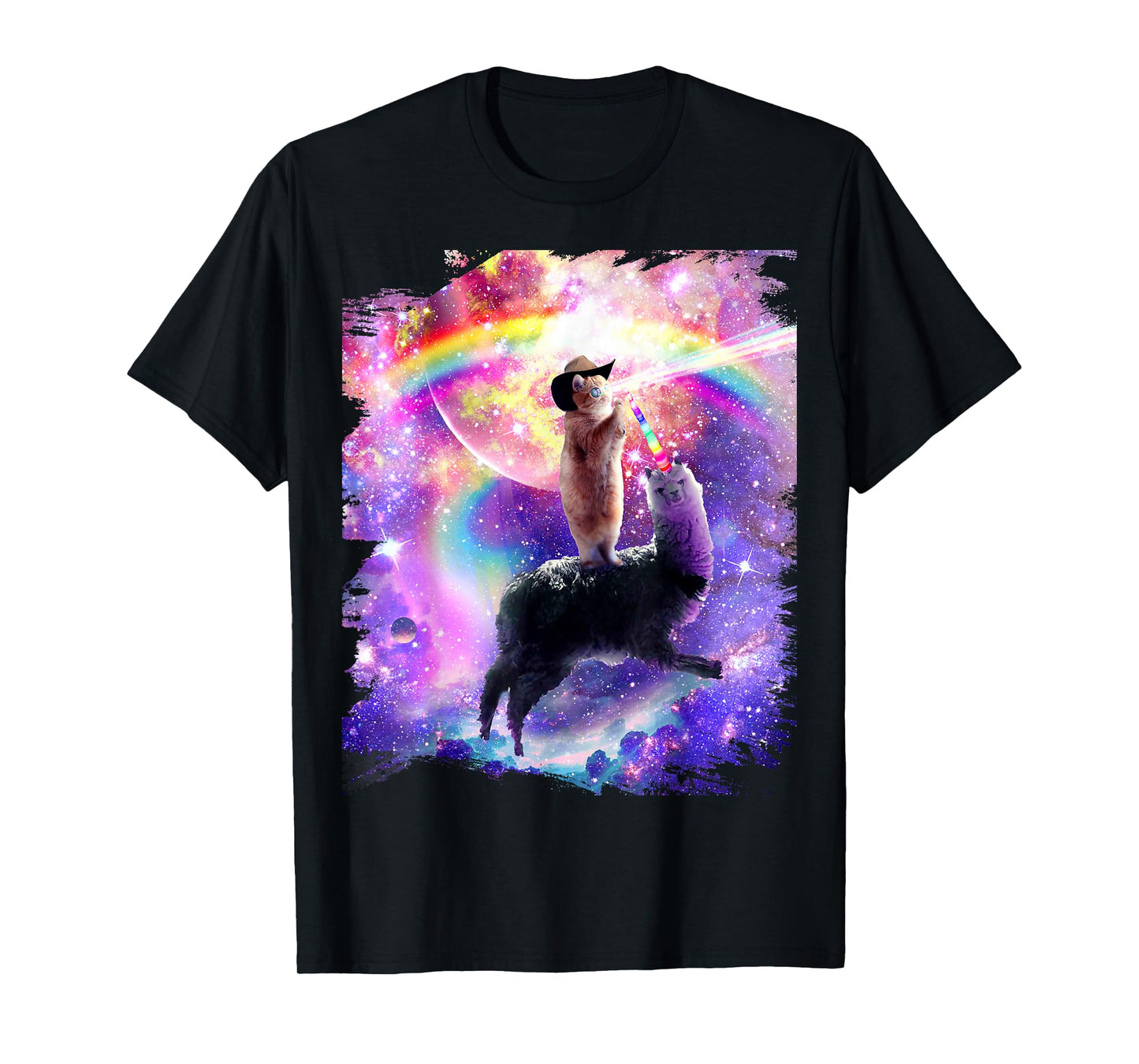 Laser Galaxy Space Cat on Rainbow Llama Unicorn T-Shirt