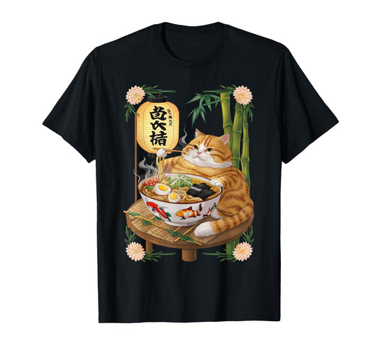Anime Cat Funny Fat Ramen Eating Cat T-Shirt