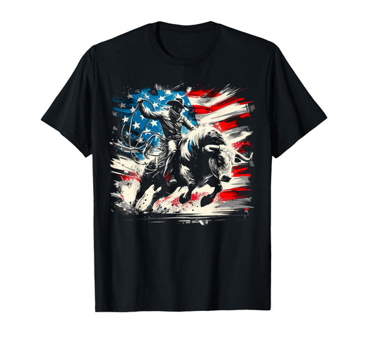 Bull Riding Cowboy USA Flag Rodeo T-Shirt