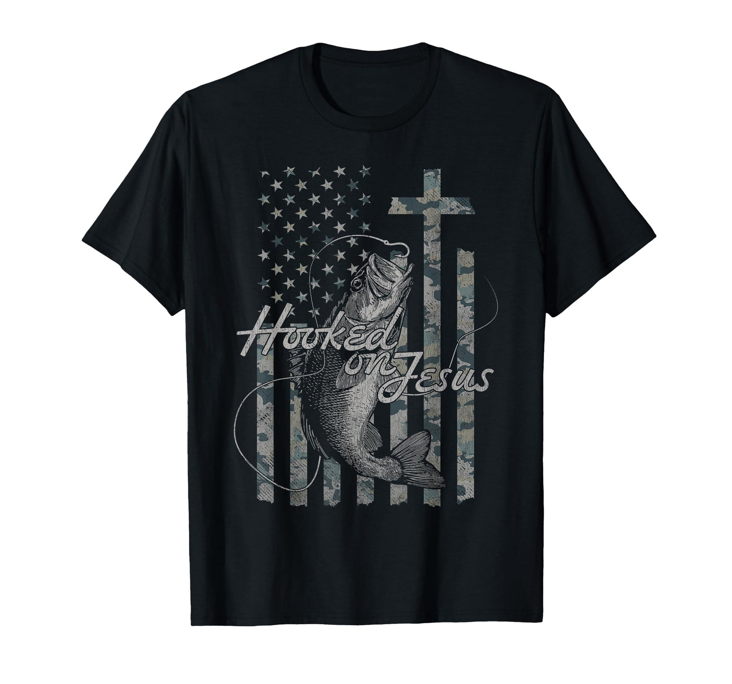 Hooked on Jesus Christian American Flag Fishing T-Shirt