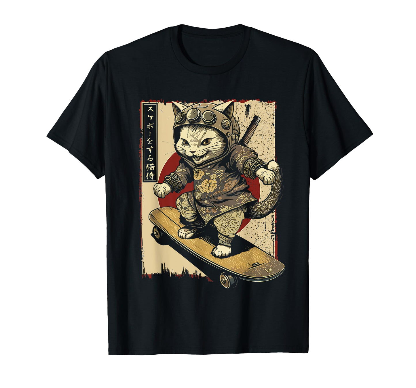 Japanese Skateboard Samurai Cat Tattoo Kawaii Ninja Cat T-Shirt for Men Women