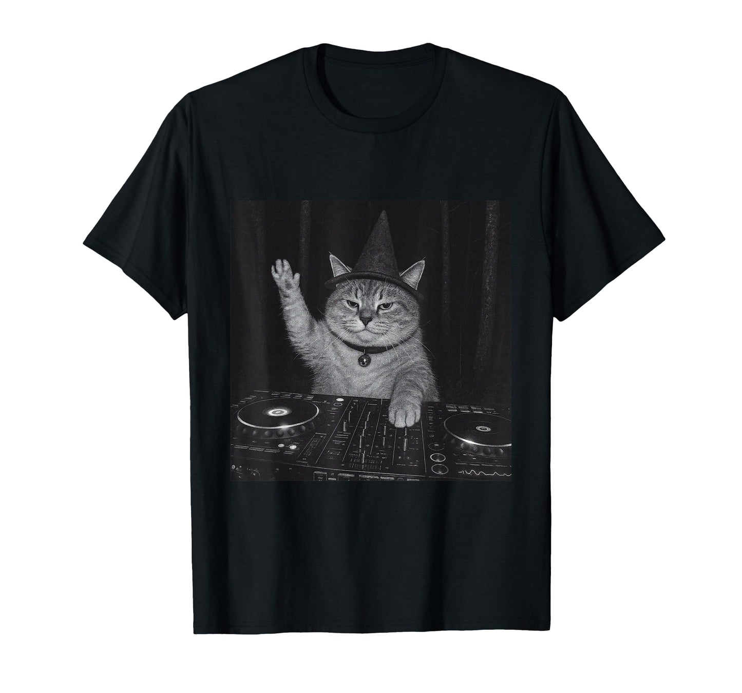 Funny Cute Spooky Fat Wizard DJ Cat Vintage Tee Meme Costume T-Shirt