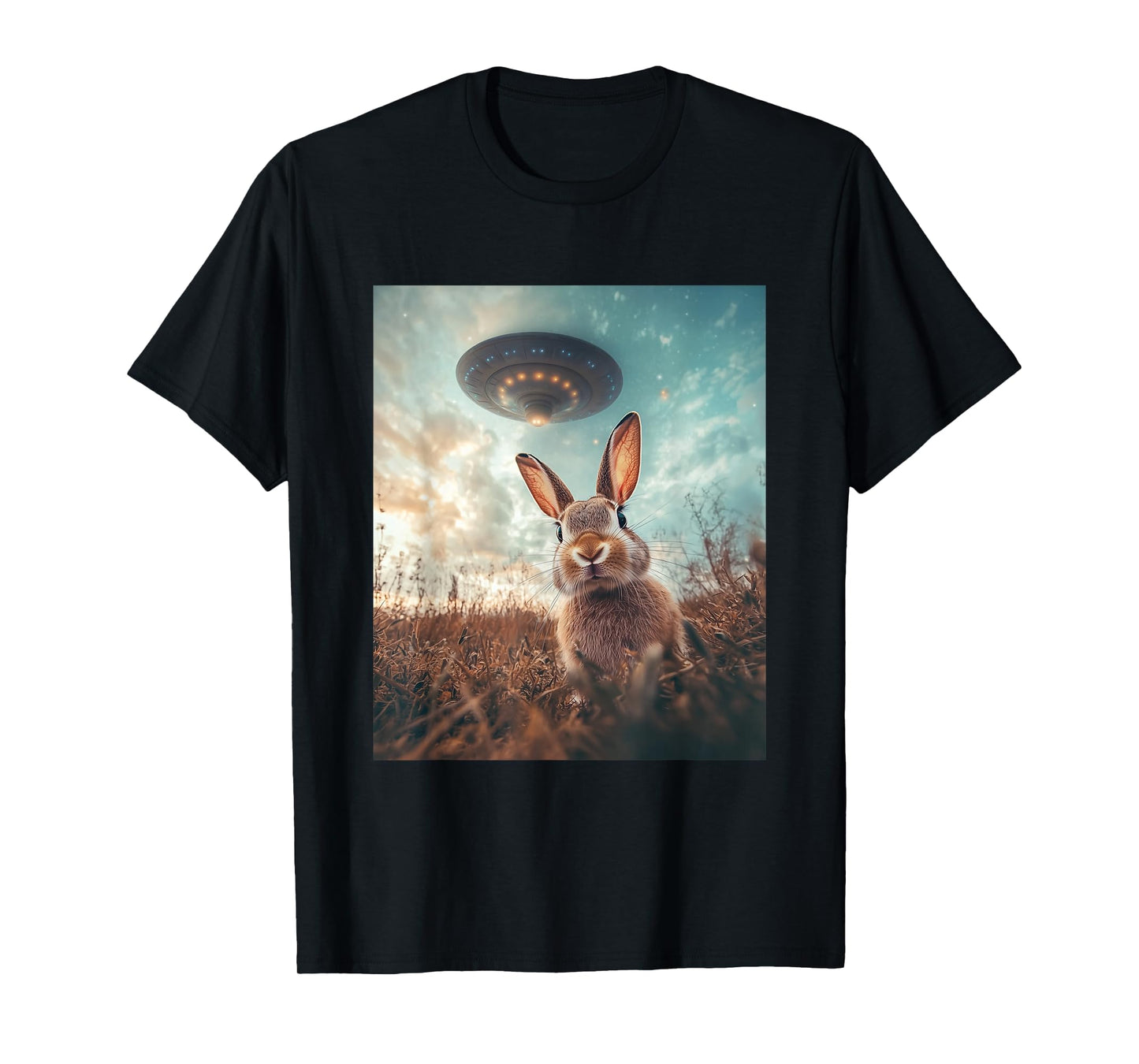 Rabbit Bunny Selfie with UFOs Aliens Funny Graphic T-Shirt