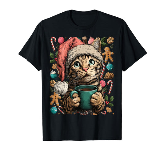 Christmas Tabby Cat with Santa Hat Cocoa Cookies Kitten T-Shirt