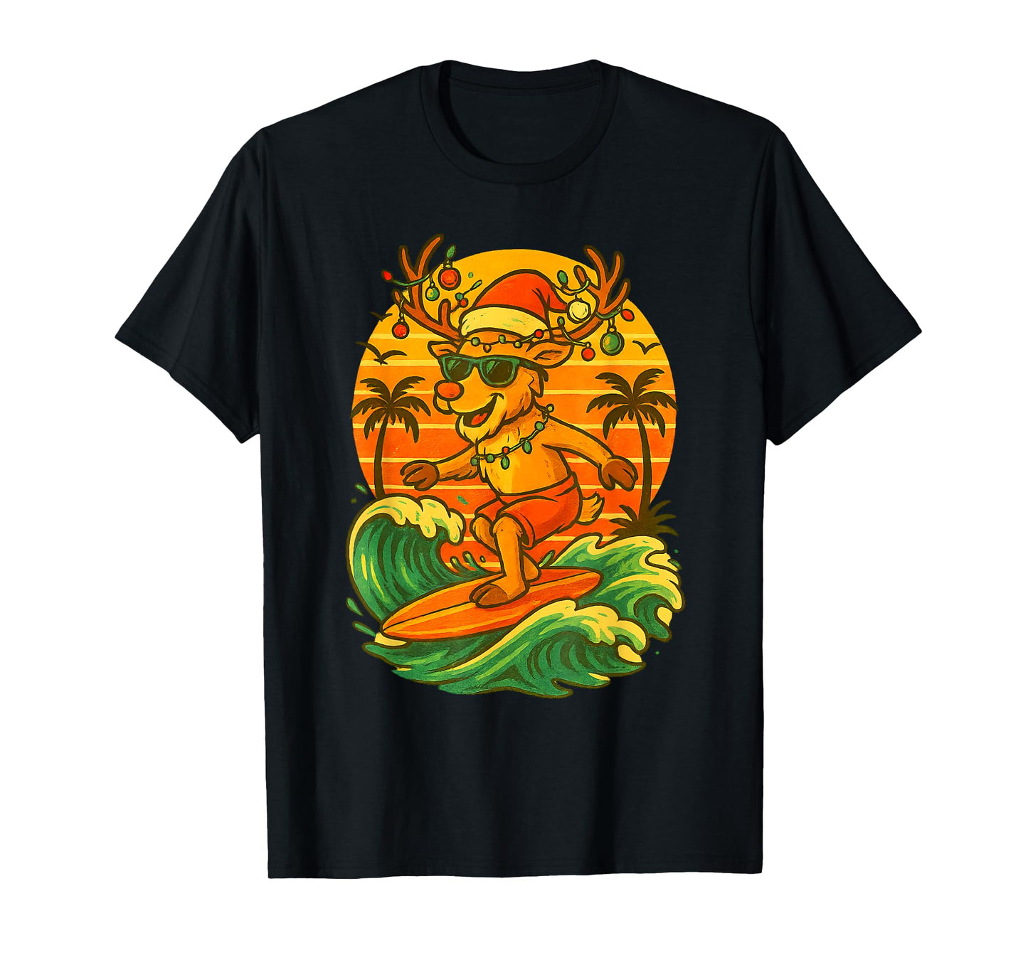 Reindeer Surfing Summer Beach Santa Lights Christmas in July T-Shirt