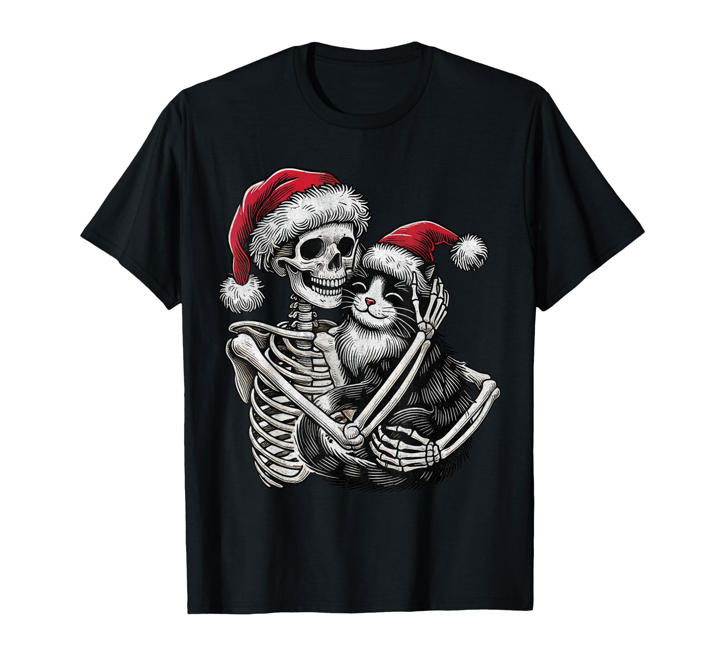 Skeleton Hugging Cat christmas Cat Lover Cat Mom Dad T-Shirt