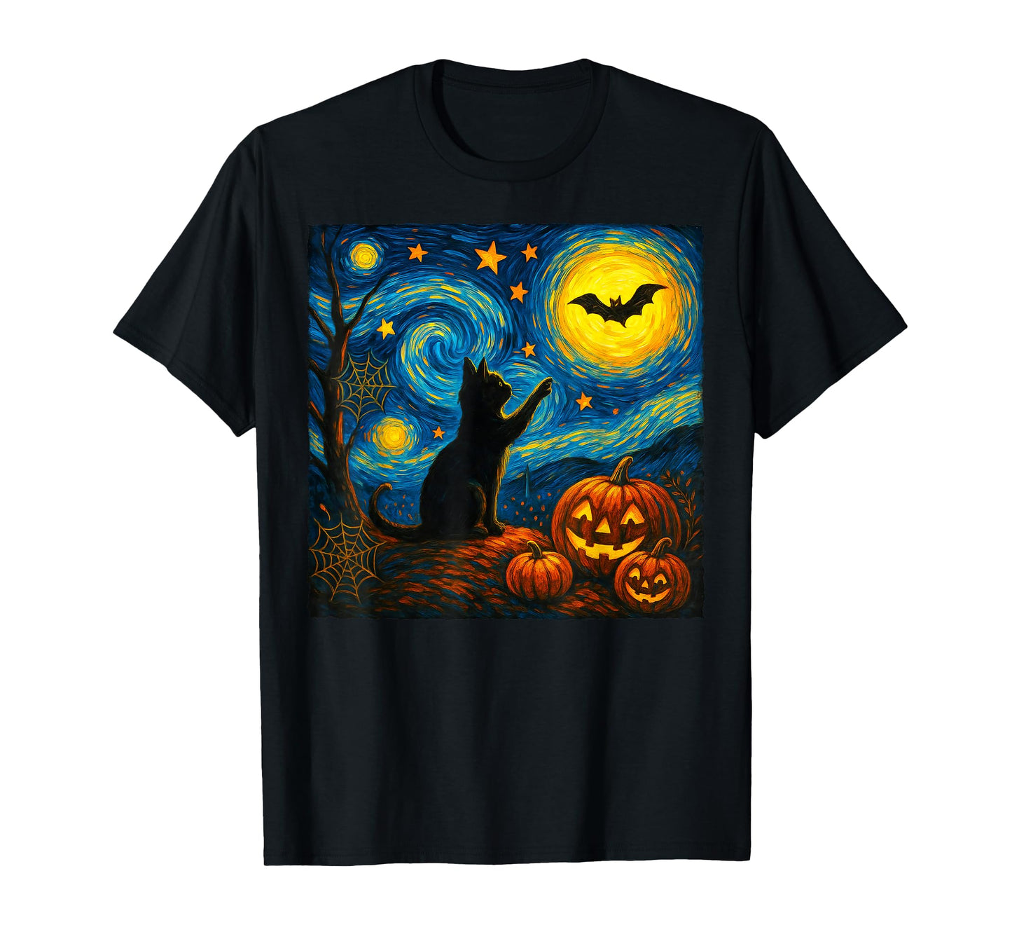Halloween Black Cat Van Gogh Starry Night Cat Lovers Cat T-Shirt