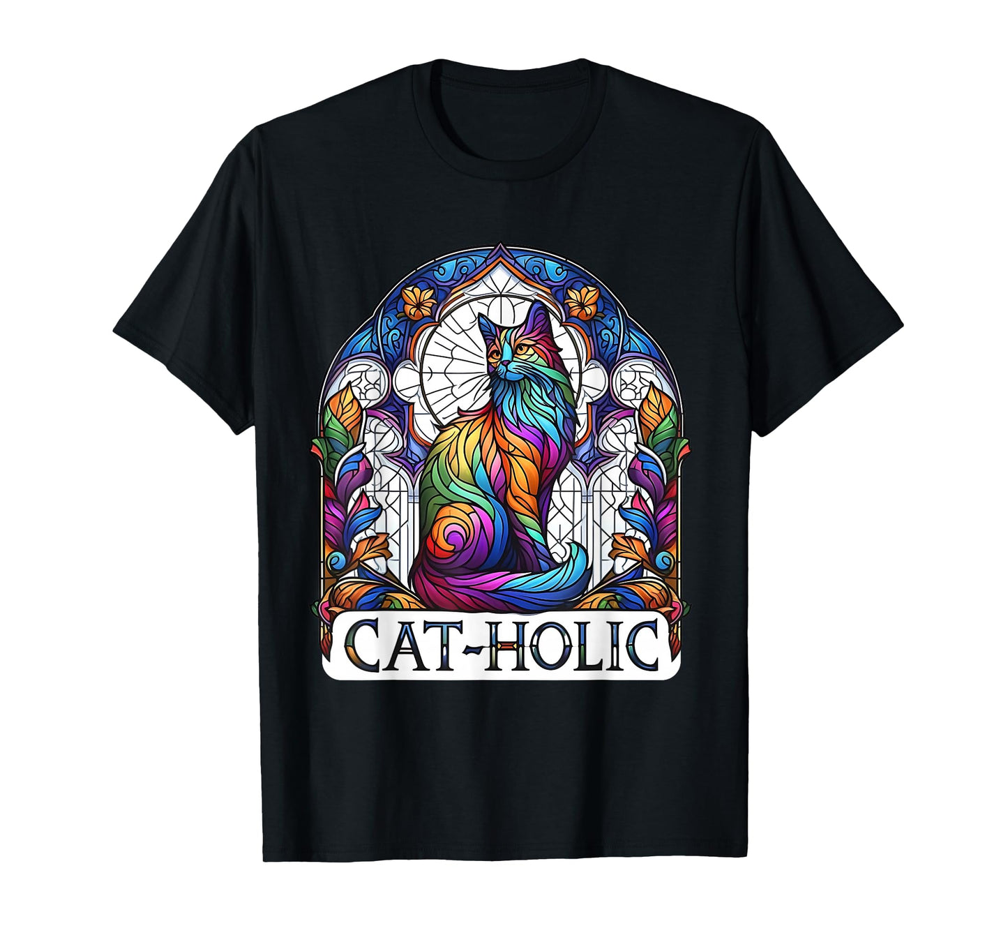 Cat-holic. Funny Catholic. Stained Glass Cat. T-Shirt
