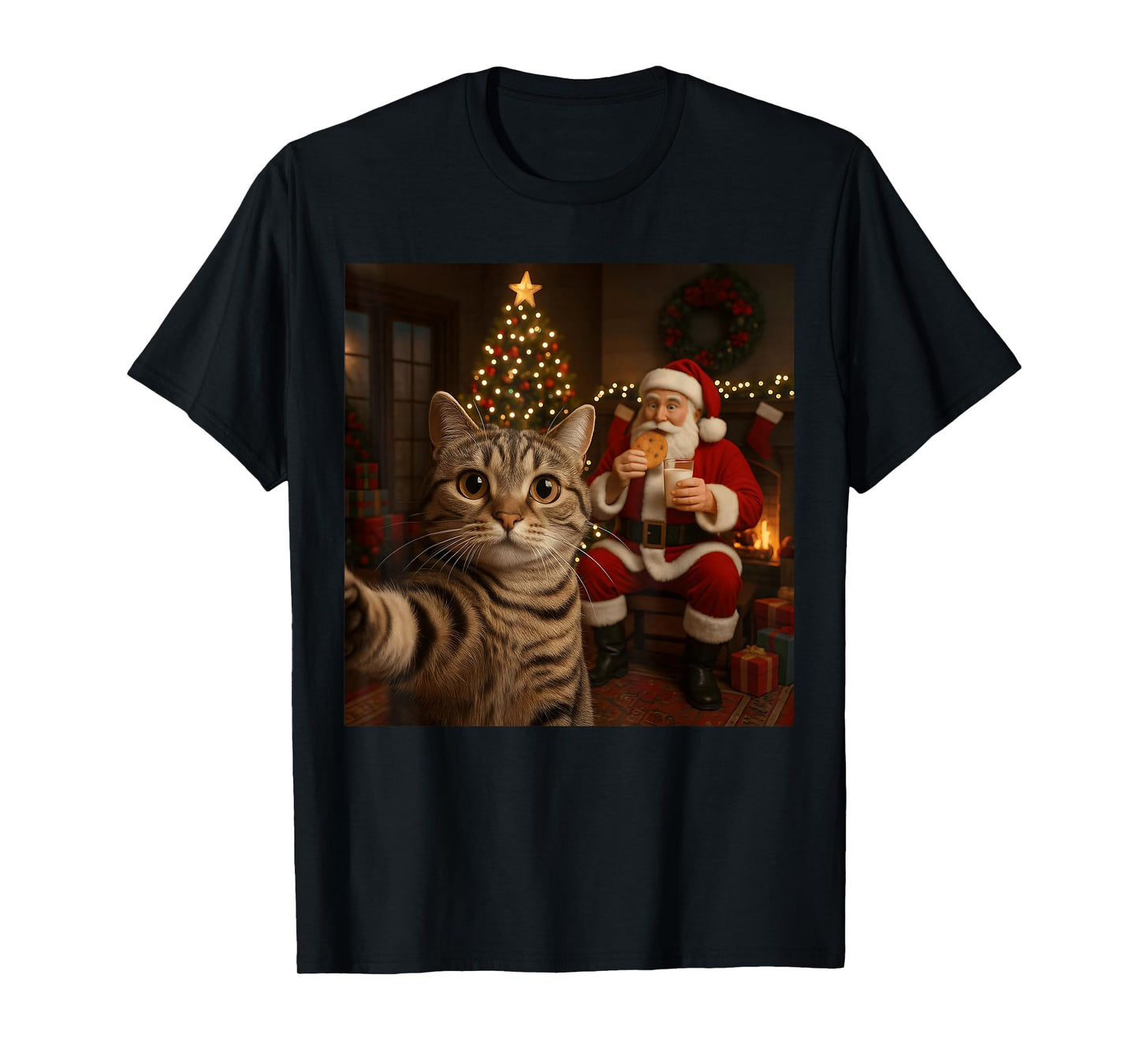 Funny Cat Selfie Santa Claus Eating Cookies Christmas Meme T-Shirt