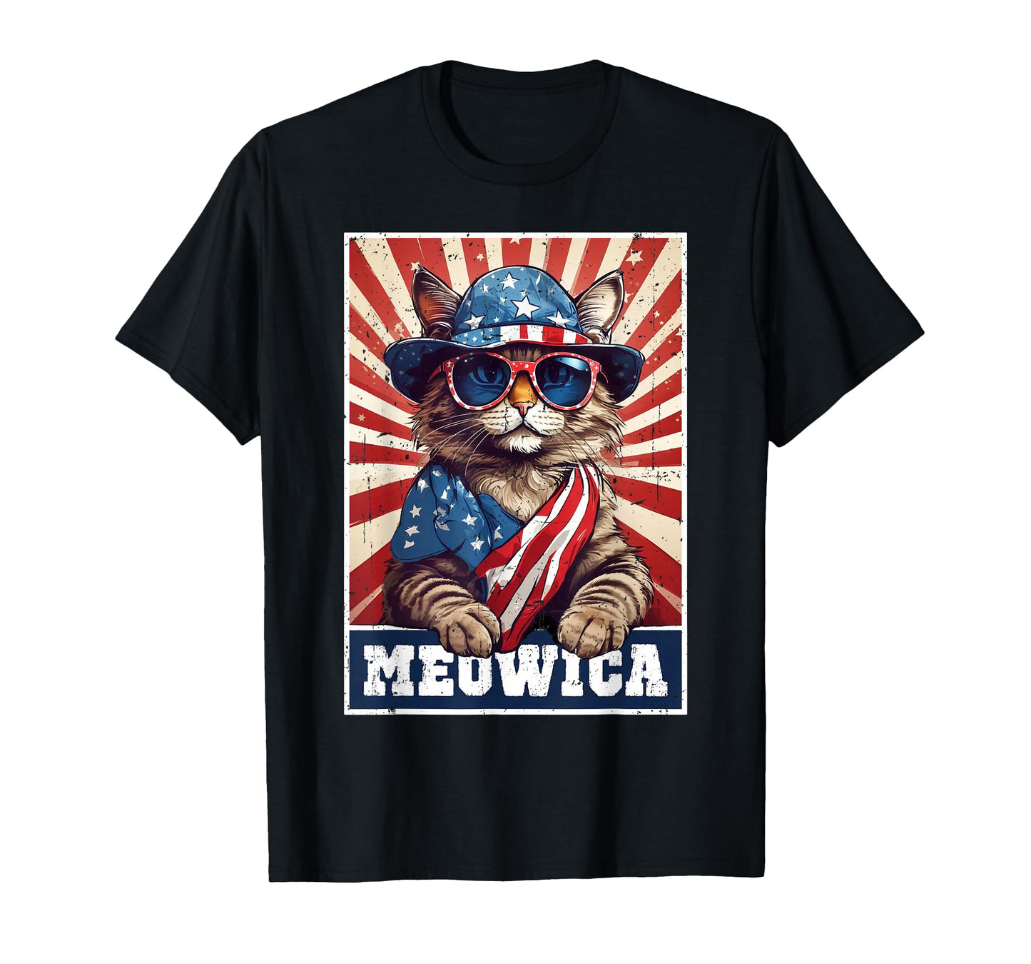 Meowica 4th of July Cat American Flag Funny 4th of July Cat T-Shirt