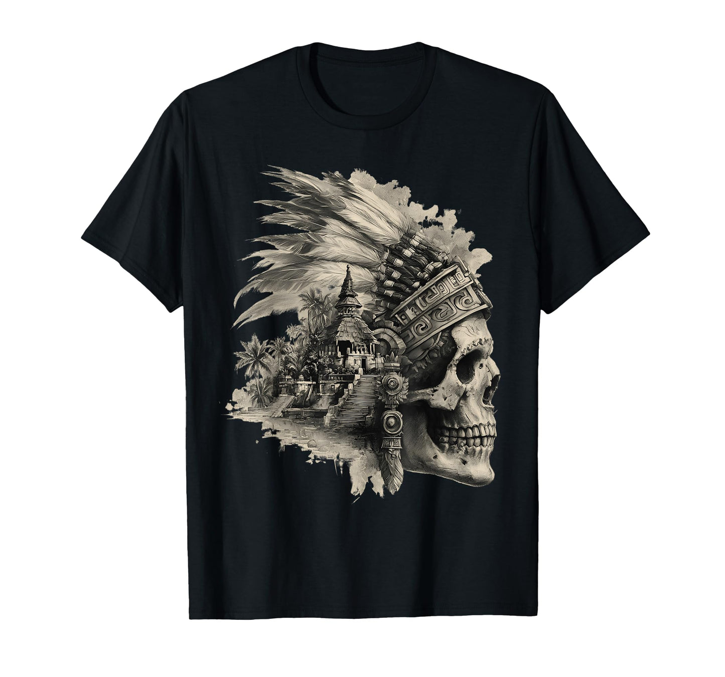 Feathered Aztec Skull Maya Mexican Mayan Indigenous Azteca T-Shirt