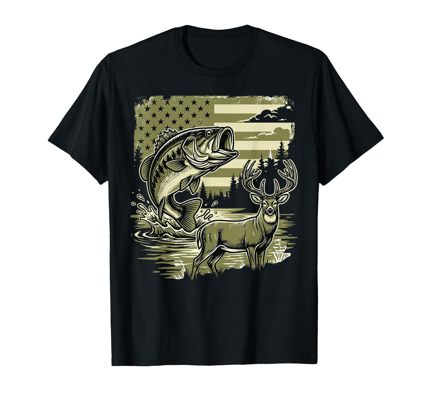 American Flag Bass Fishing and Hunting Youth Boys Outdoor T-Shirt