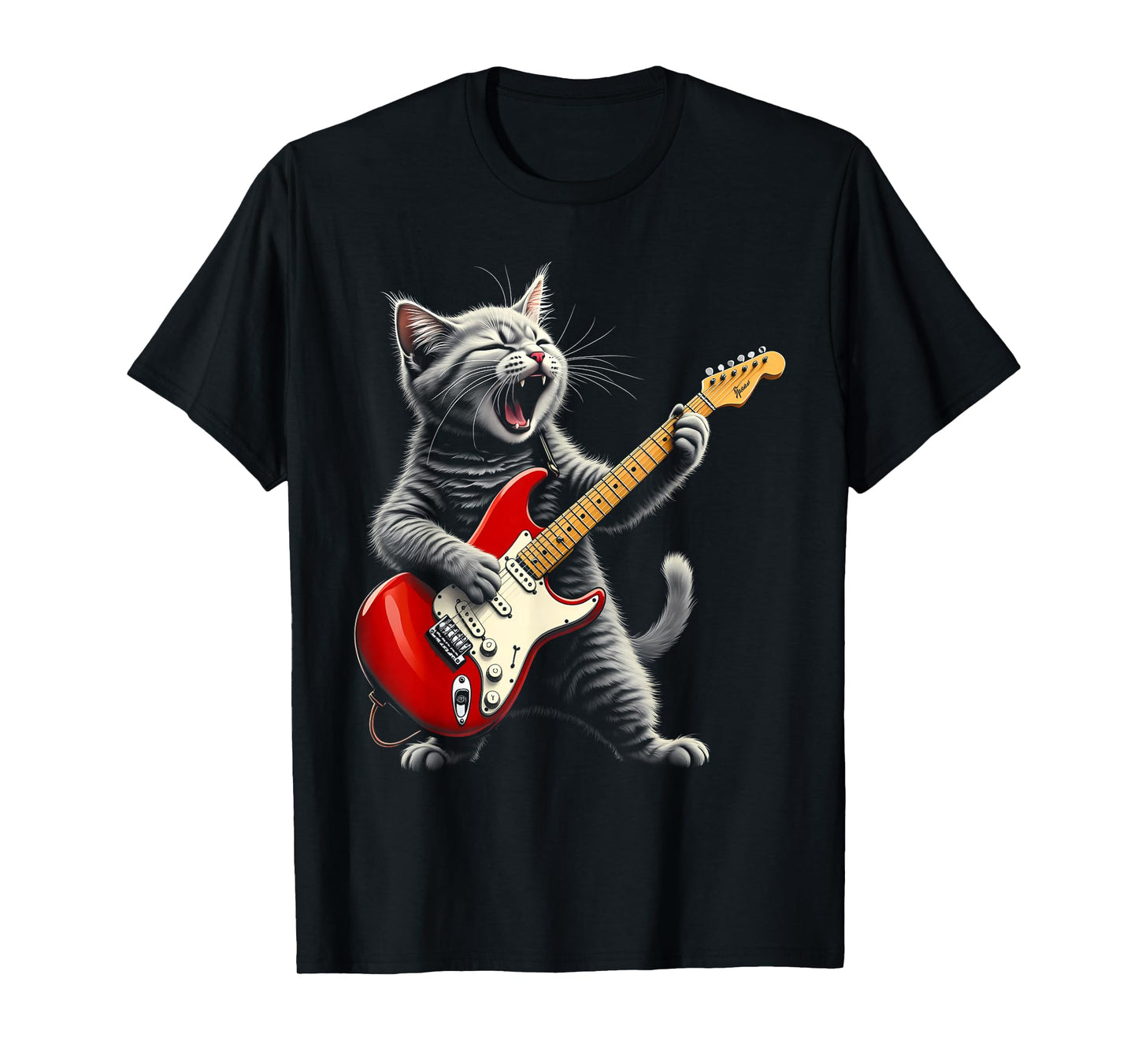 Funny Rock Star Cat Playing Guitar T-Shirt