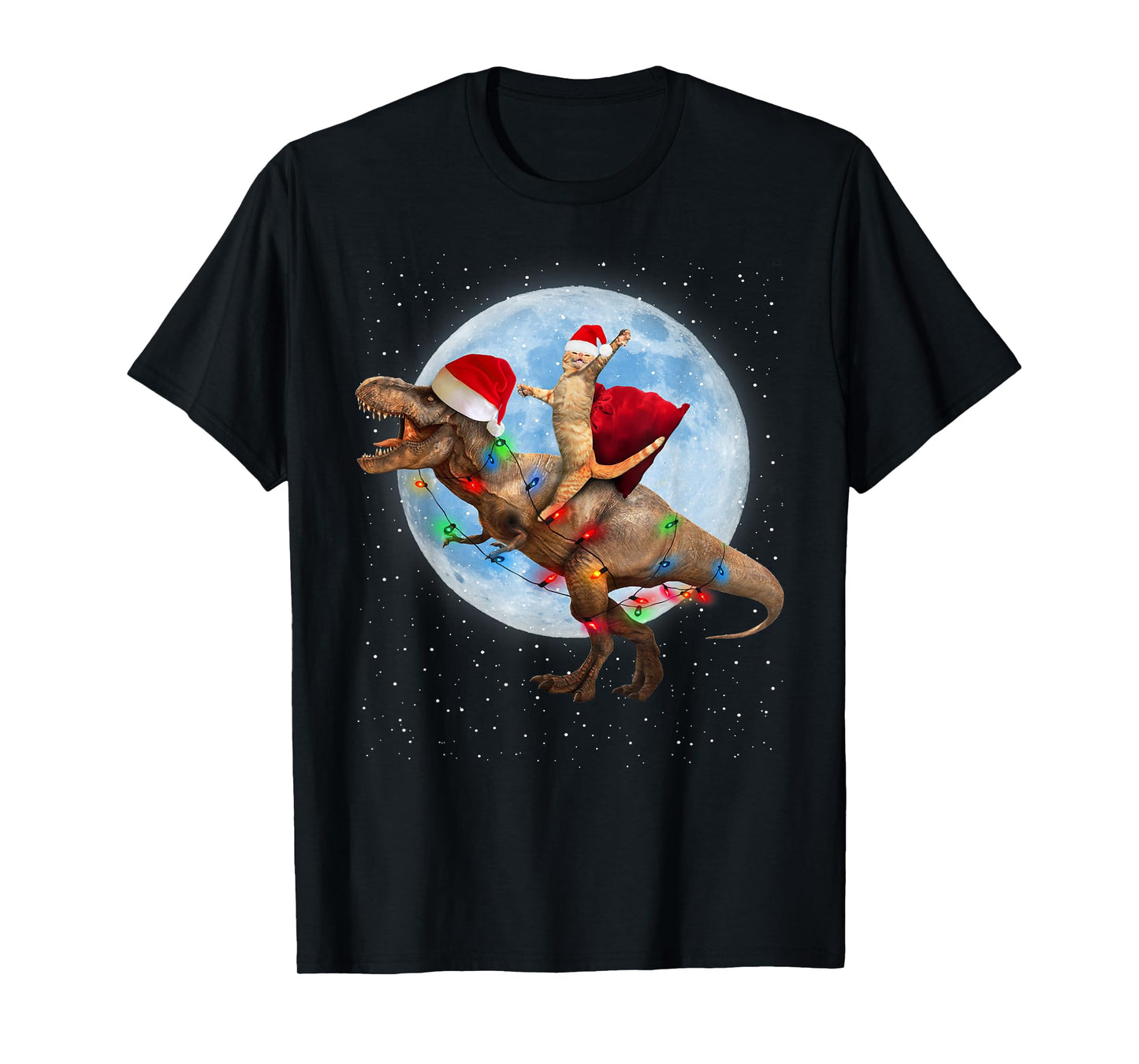 Cat Santa Hat Riding Dinosaur T rex Moon Christmas Xmas T-Shirt for Men Women Kids