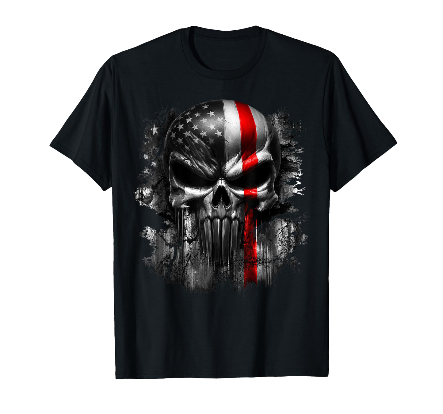 USA American Skull Patriotic Flag Red Line Grunge Graphic T-Shirt