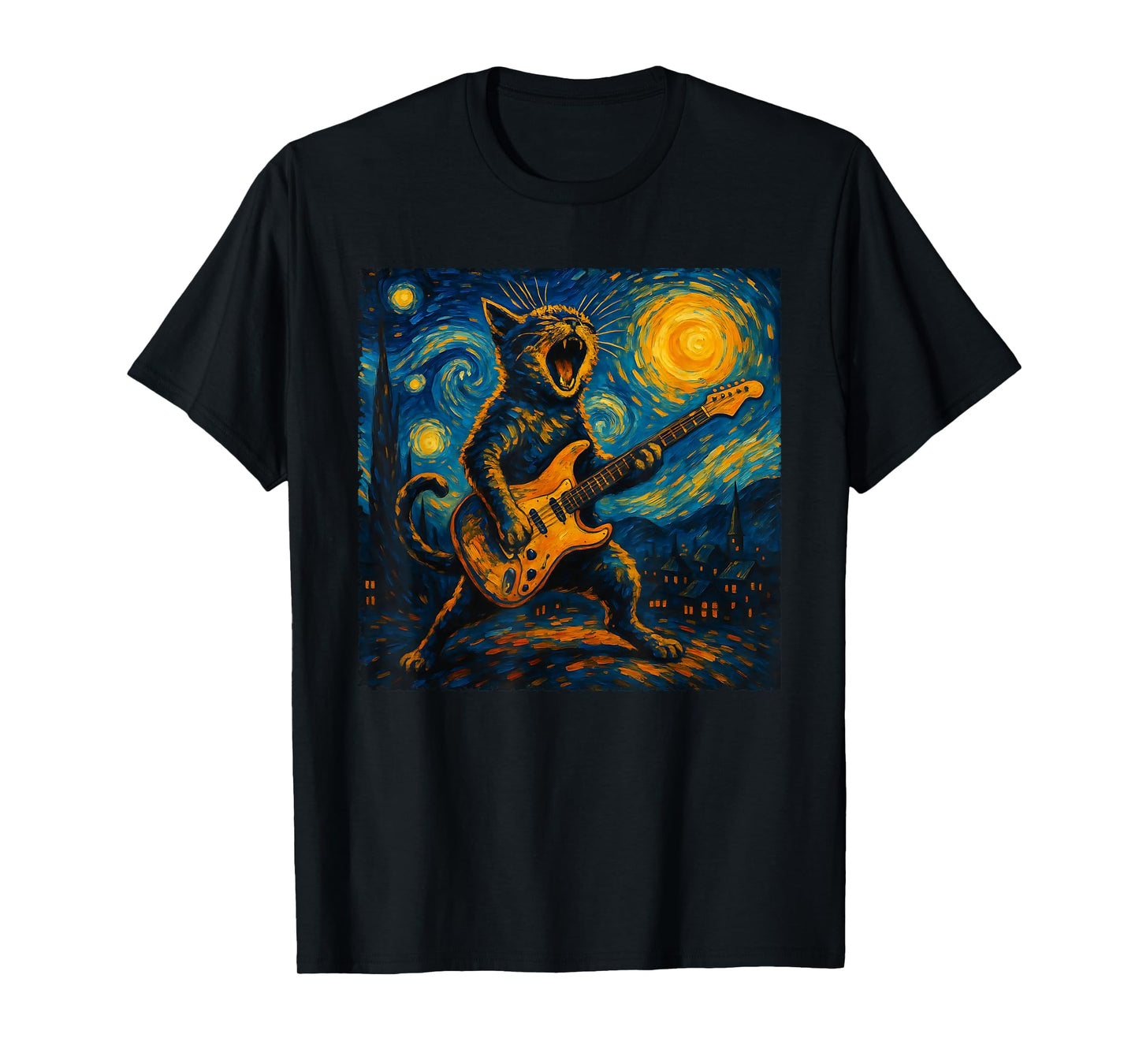 Funny Cat Playing Guitar Starry Night Van Gogh Rock and Roll T-Shirt
