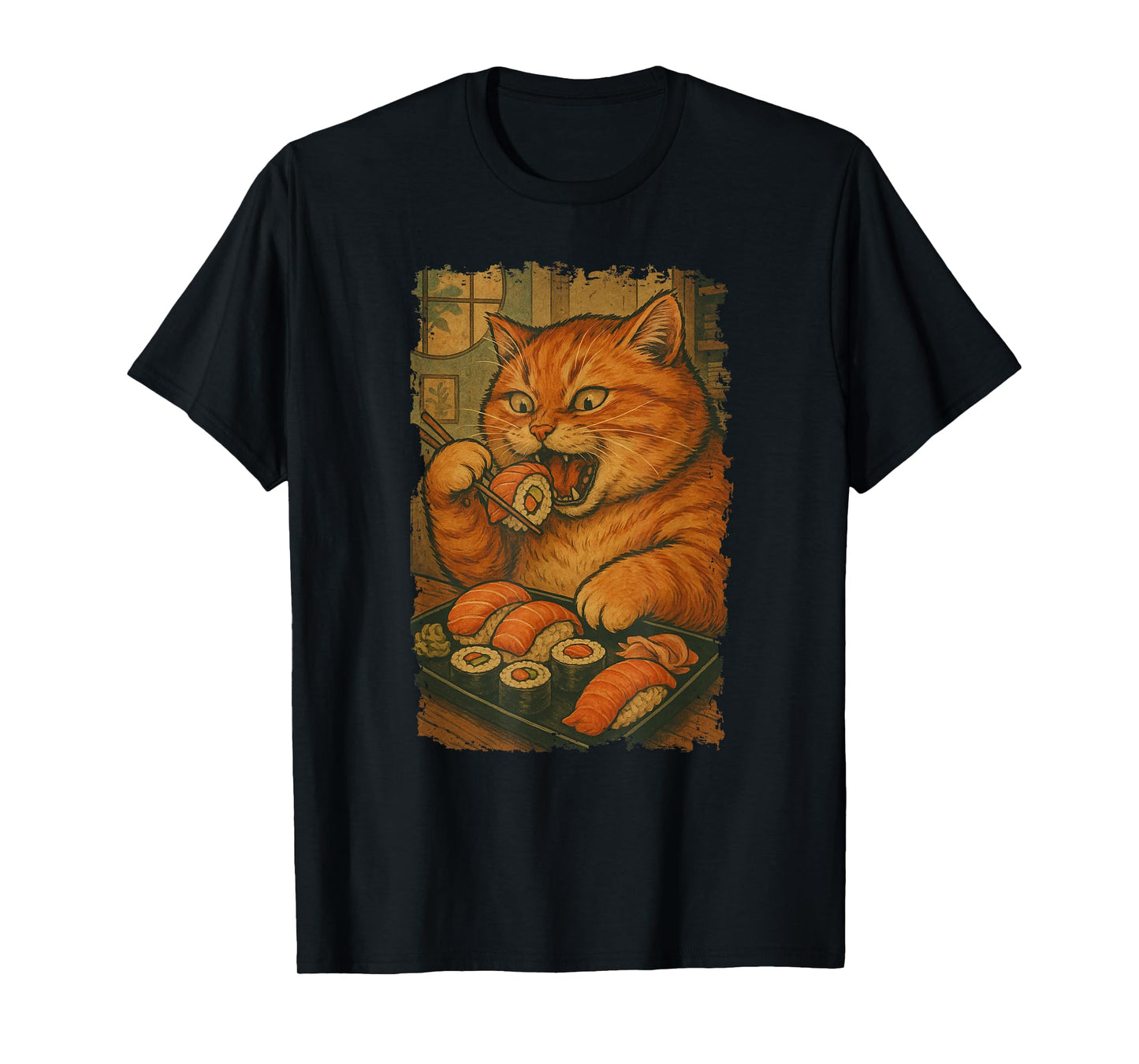 Orange Tabby Cat Eats Sushi Japanese Vintage T-Shirt