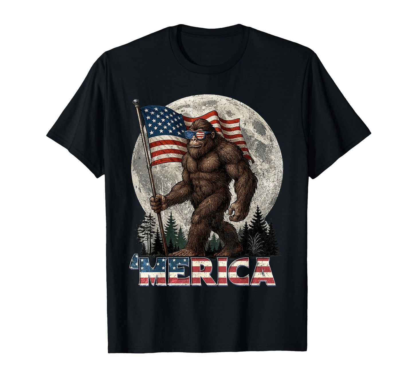 Bigfoot Merica Rock American Flag Patriotic 4th Of July T-Shirt