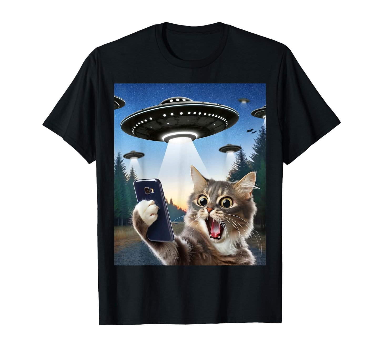 Funny Cat Selfie With Ufos T-Shirt