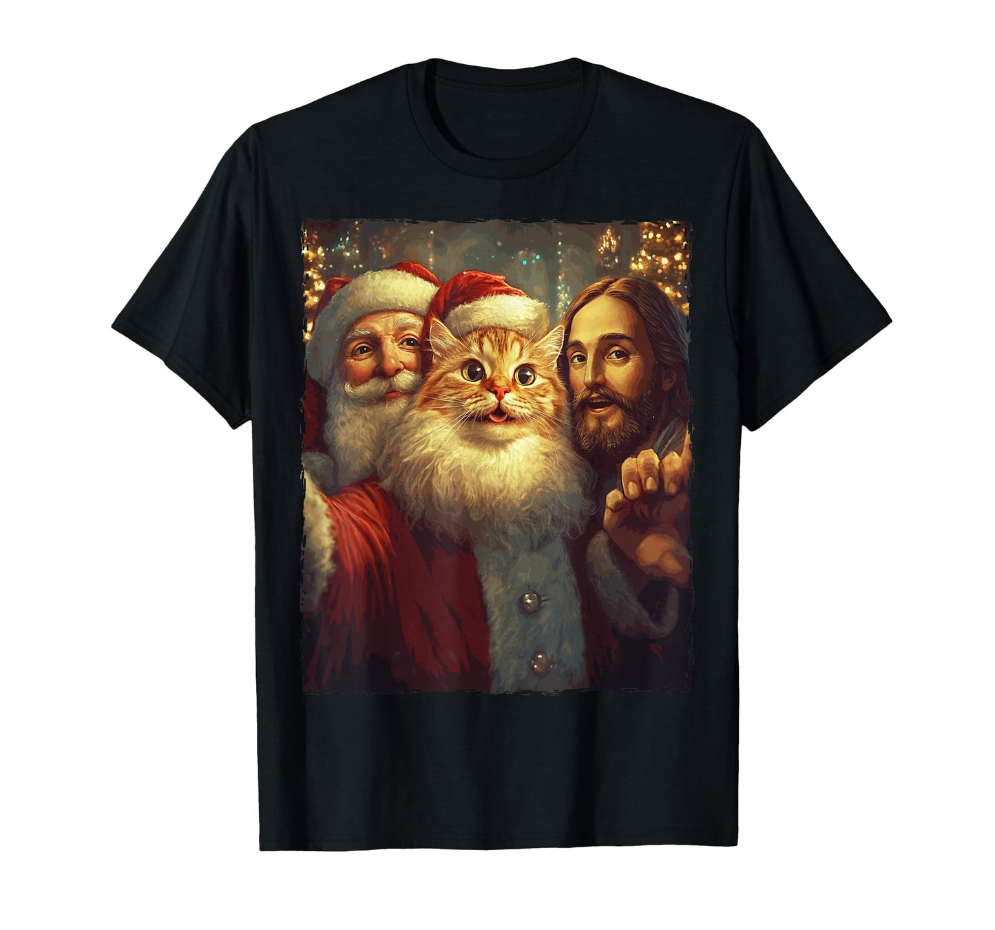 Funny Cat Selfie Santa Jesus Xmas Christmas Men Women Kids T-Shirt