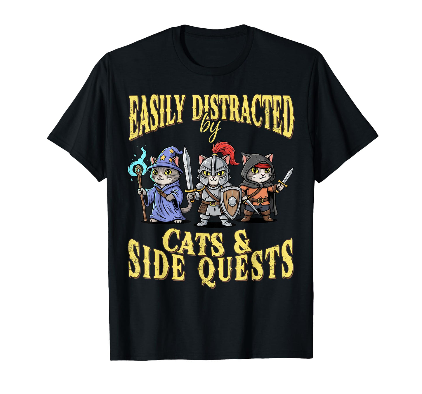 Easily Distracted by Cats Side Quests RPG Cat Gamer Fantasy T-Shirt