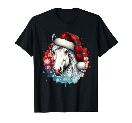Christmas Horse Santa Hat Red Buffalo Plaid Xmas Horses T-Shirt