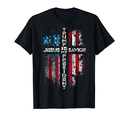 Jesus is My Savior Trump is My President 2024 USA Flag Cross T-Shirt