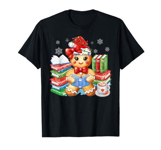 Christmas Gingerbread Man Reading Book Snowflake Teacher T-Shirt