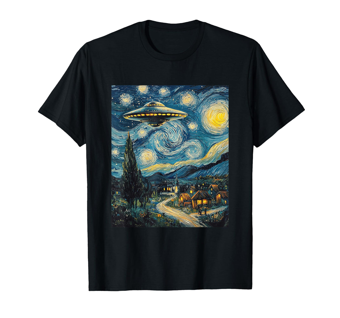 UFO Aliens Flying Saucer - Van Gogh Style - Starry Night T-Shirt