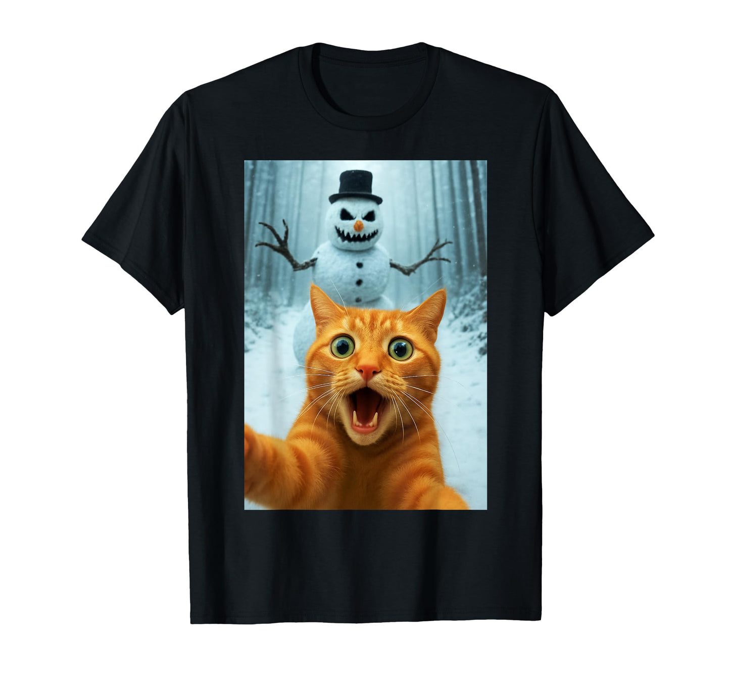 Cat Selfie Scary Snowman Christmas Funny Kitty Humor T-Shirt
