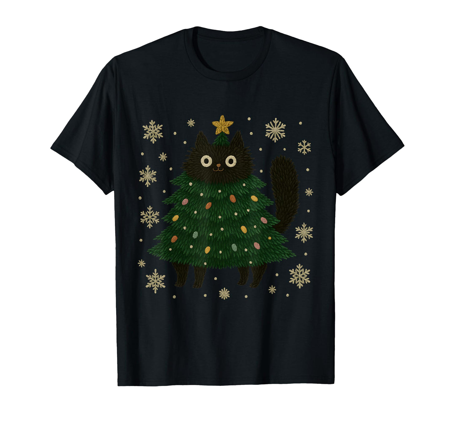 Funny Christmas Cat Tree Costume Snowflake Holiday Art T-Shirt