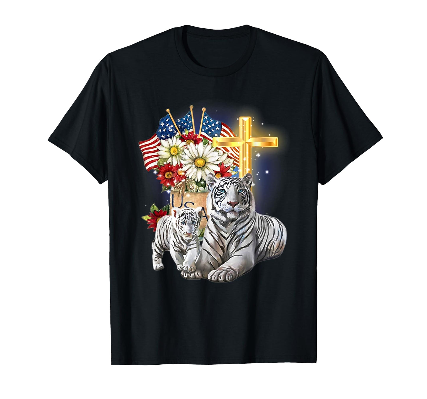 Tiger Flower Daisy Cross Christian American Flag Women Men T-Shirt