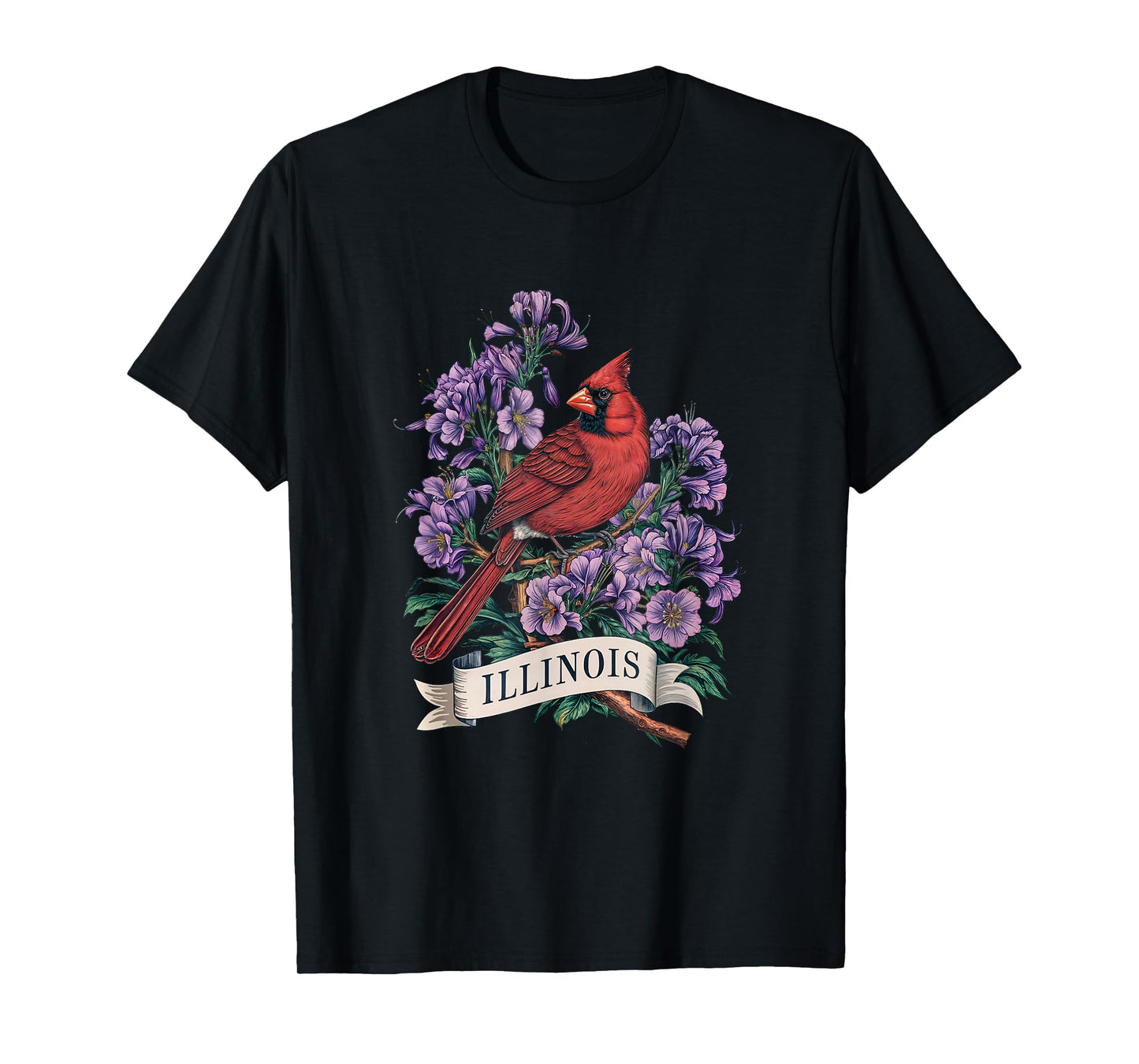 Illinois Northern Cardinal Bird and Violet Flower T-Shirt