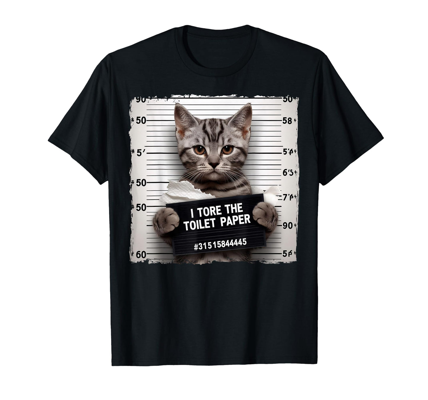 Funny Grey Cat Mugshot I Tore The Toilet Paper Humor T-Shirt