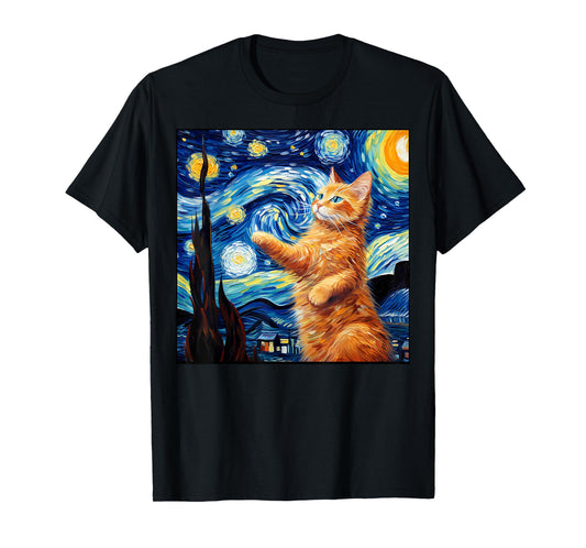 Art Van Gogh Starry Night Cat Painting Cats Lover Mom Dad T-Shirt
