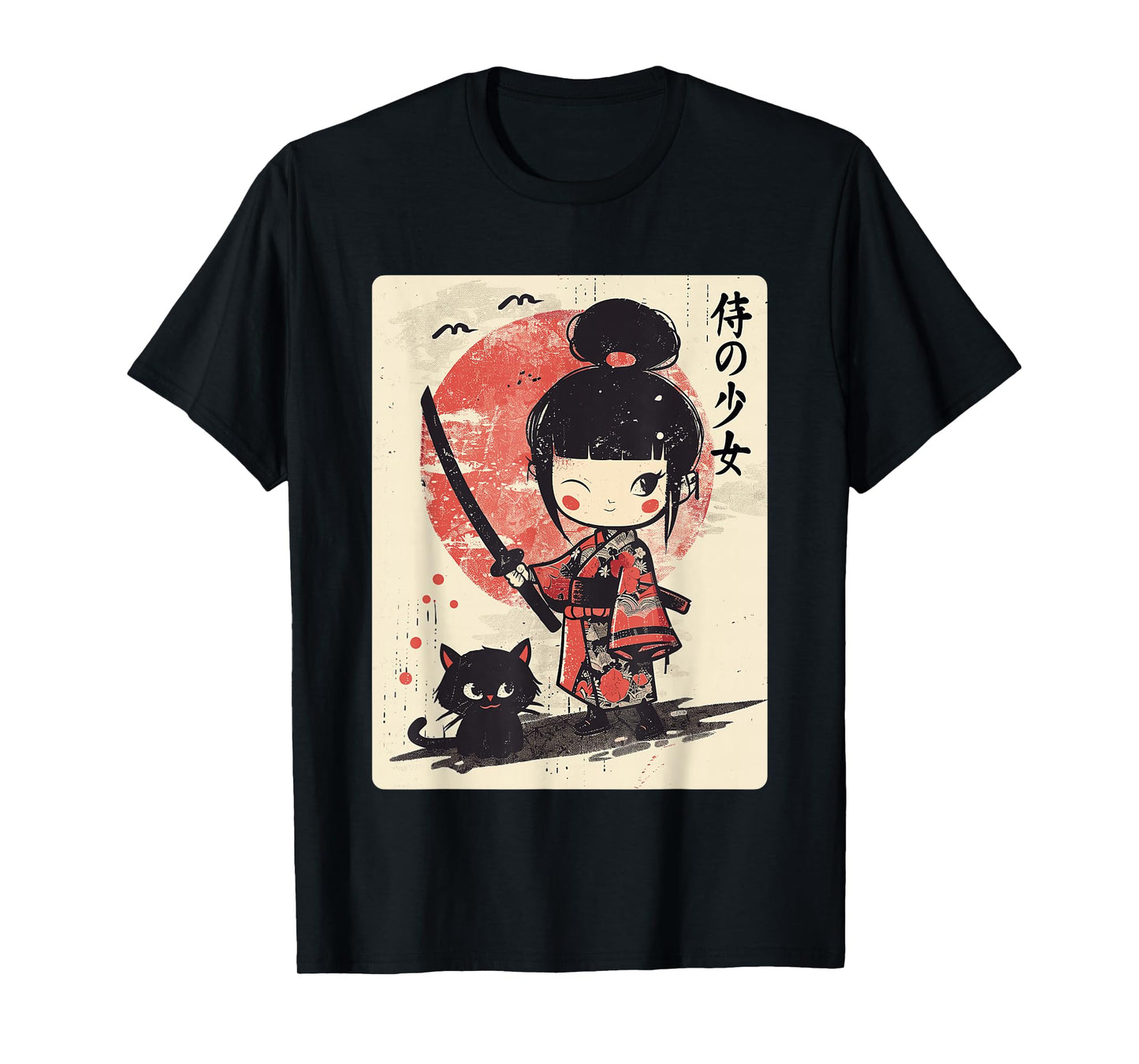Cute Kawaii Samurai Girl with Katana & Cat Japanese Anime T-Shirt