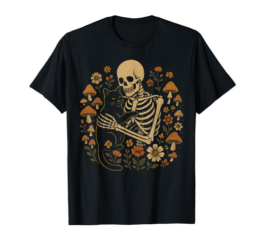 Cottagecore Aesthetic Floral Mushroom Skeleton Hugging Cat T-Shirt