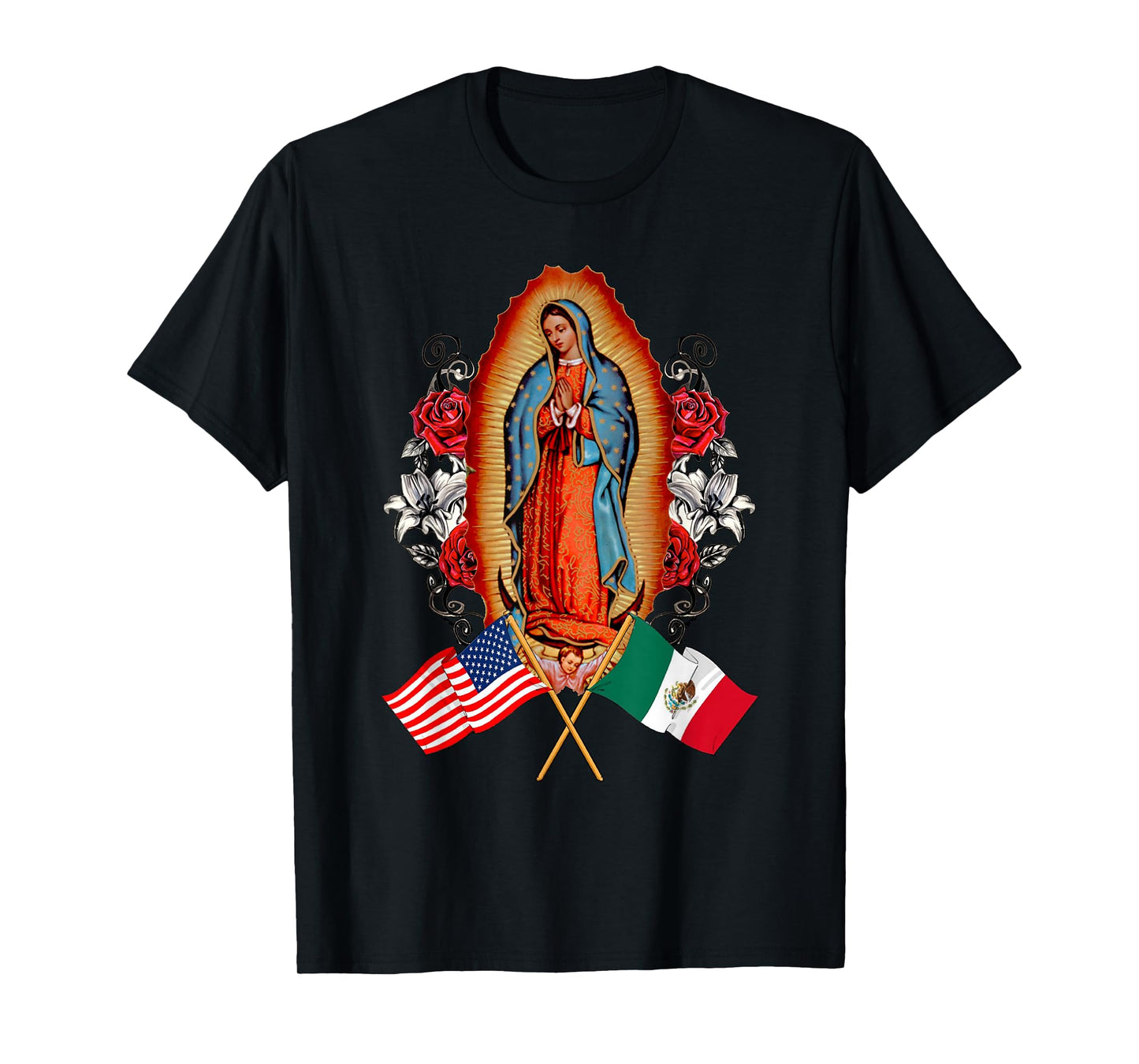 Our Lady Virgen De Guadalupe Mexican American Flag T-Shirt