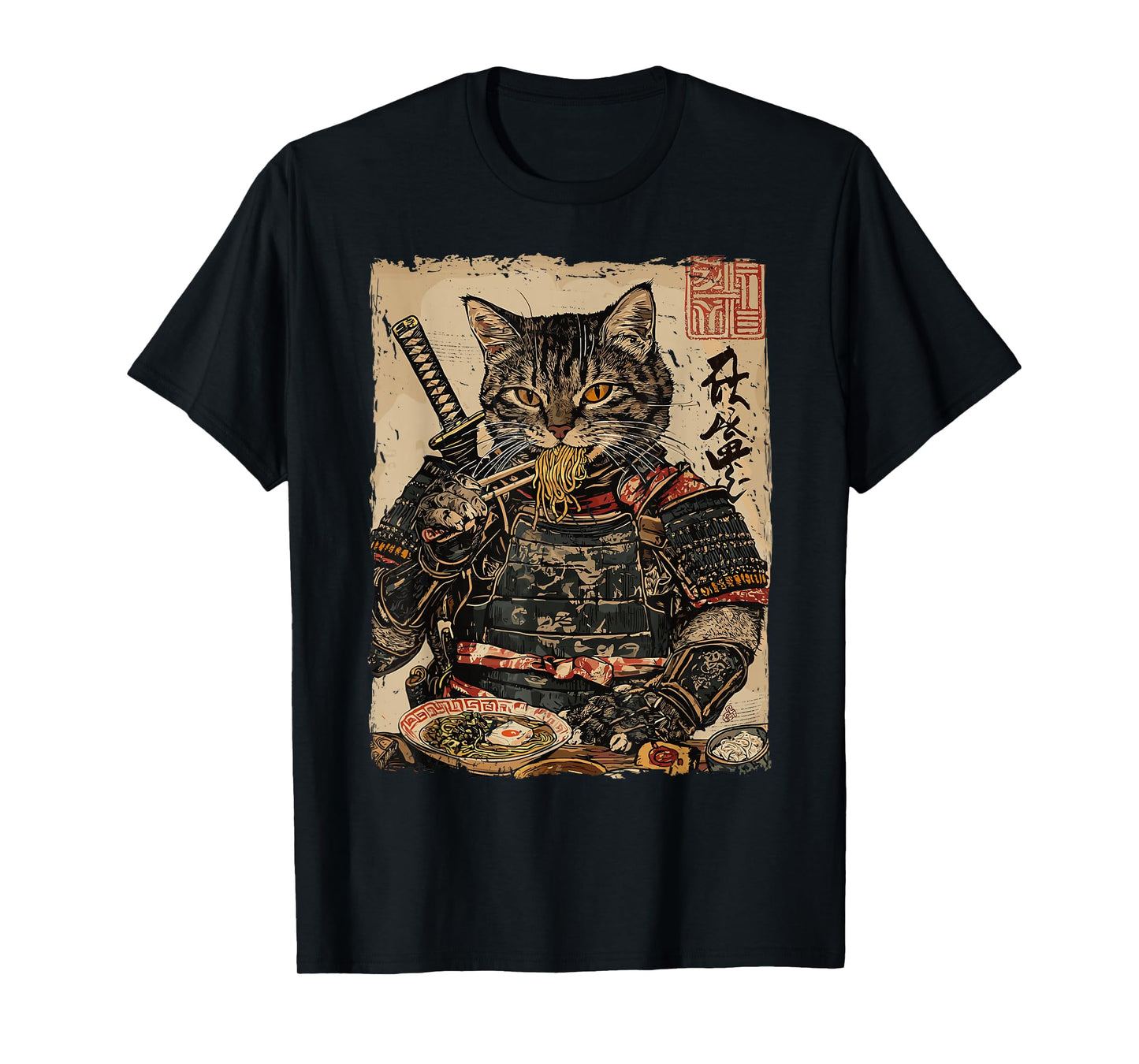 Samurai Cat Loves Ramen Funny Anime Japanese Artwork Samurai T-Shirt