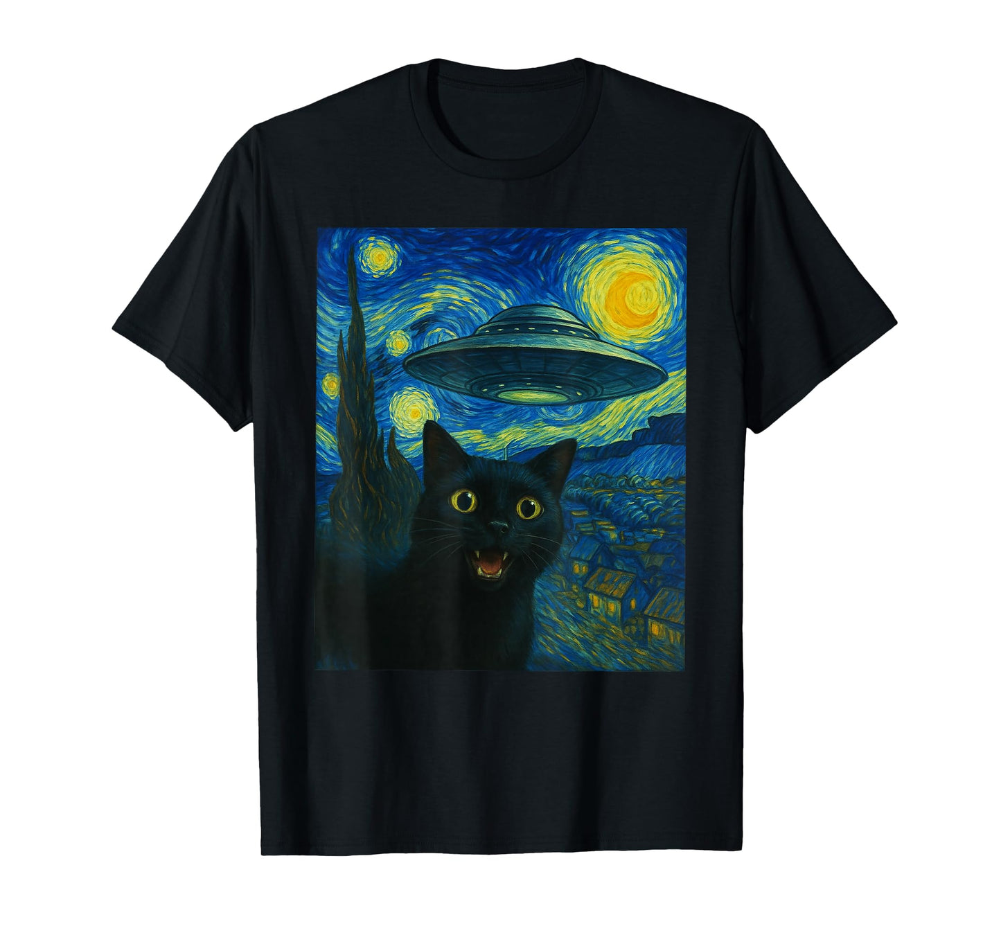 Cat Selfie with Alien UFO Night Van Gogh Gifts Men Women Kid T-Shirt