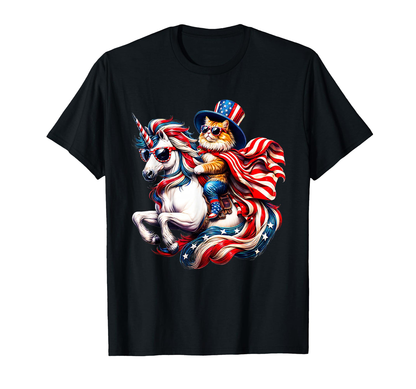Cat Riding Unicorn USA Flag Patriotic 4th of July T-Shirt