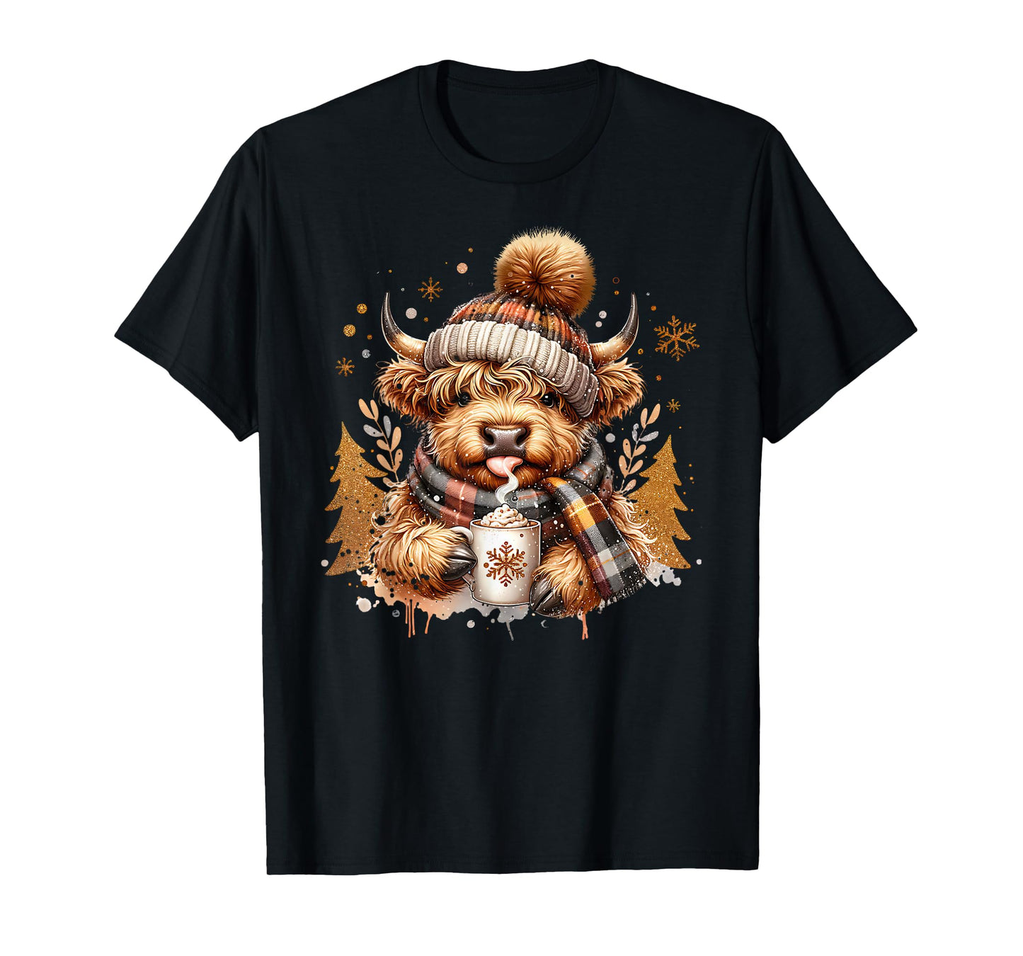 Cute Highland Cow Drinking Coffee Latte Winter Christmas T-Shirt