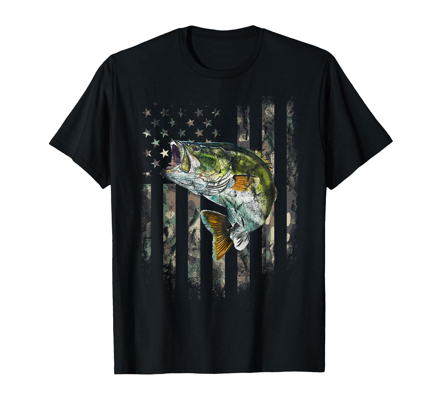 Camo American Flag Bass Fishing Fishermen Patriotic USA Flag T-Shirt