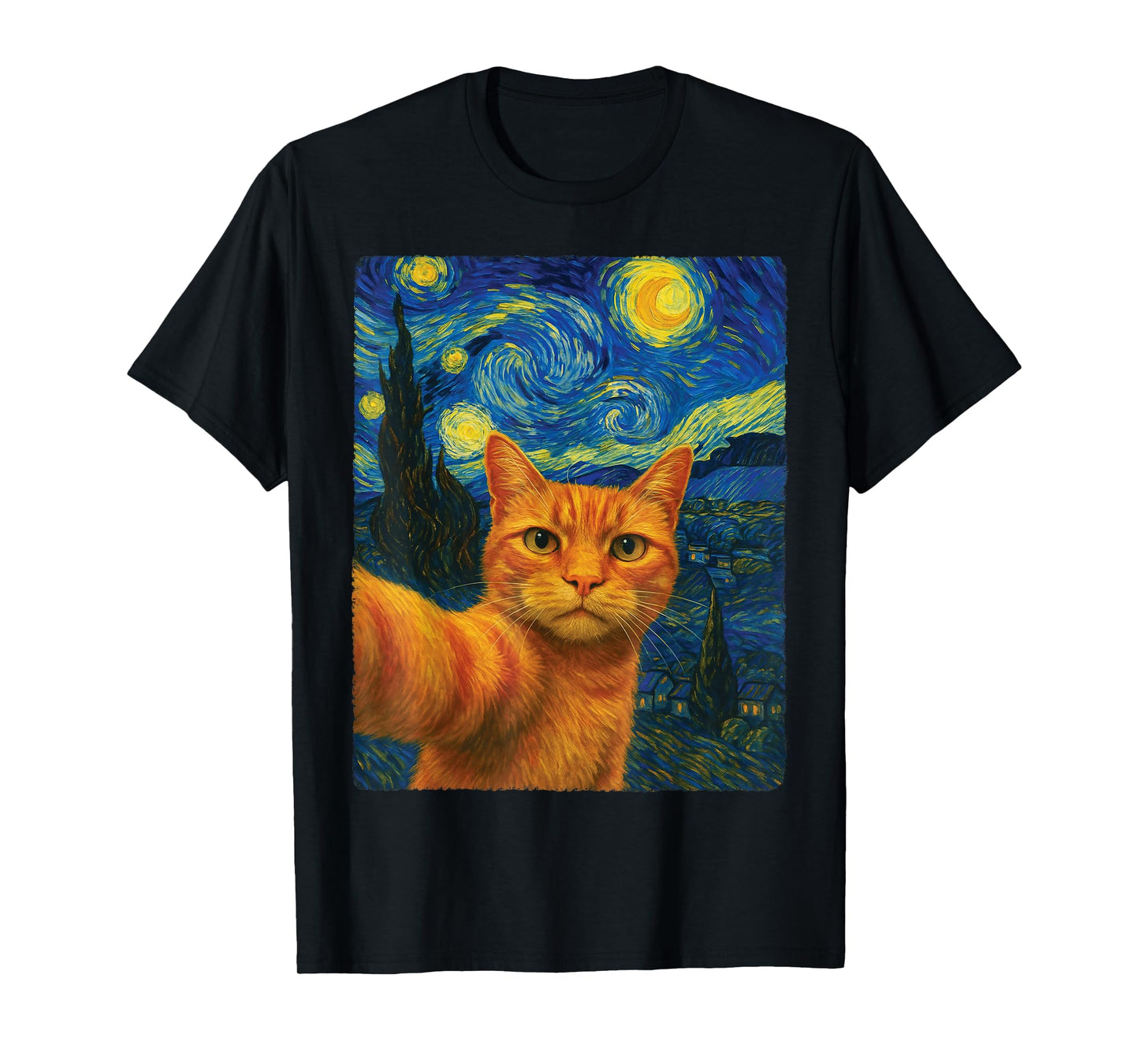 Orange Cat Selfie Van Gogh's Starry Night Cat Mom Cat Lovers T-Shirt
