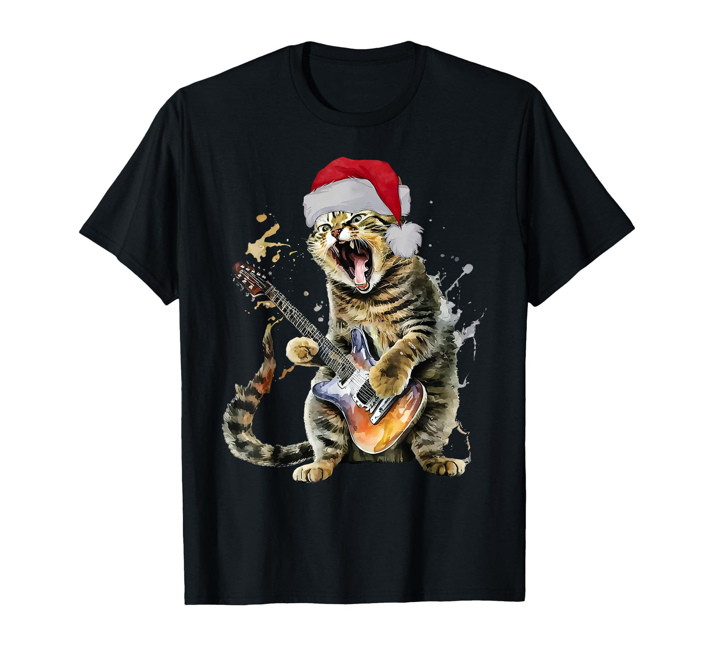 Christmas Cat Playing Guitar Musician Band Cat Lover T-Shirt