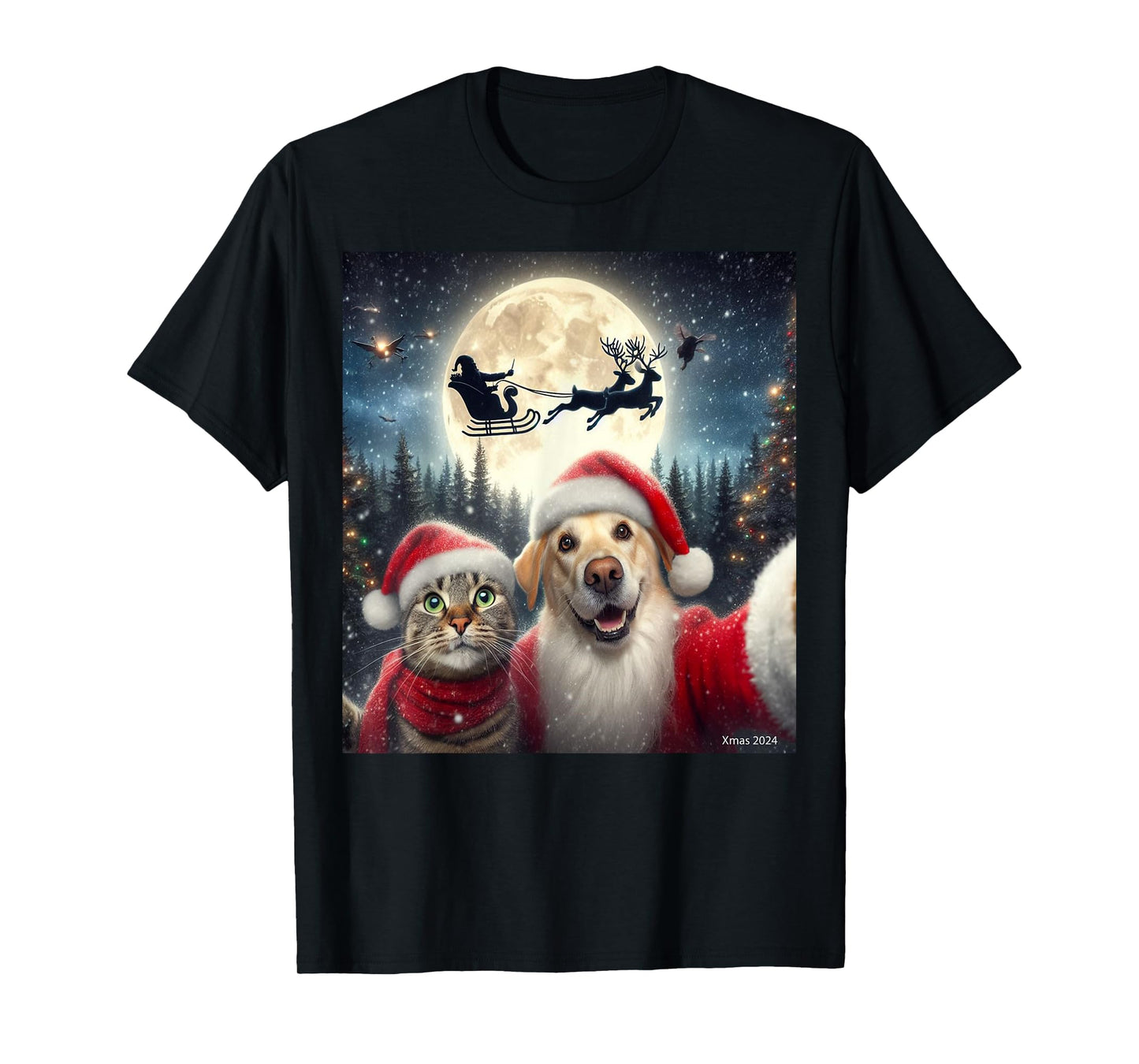 Funny cat and dog selfie with Santa Claus Christmas xmas eve T-Shirt for Men Women Kids